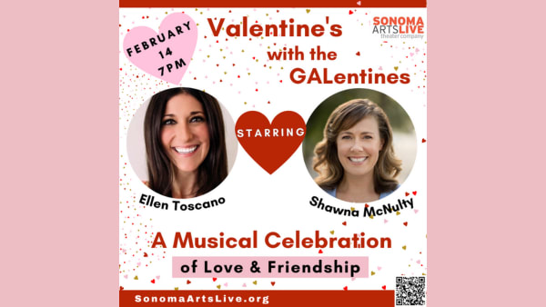 This is a postcard with two singers' faces and verbiage about a Valentine's Day show they are starring in at Sonoma Arts Live