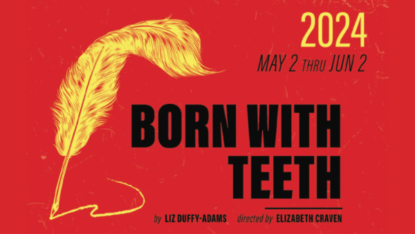 A bright yellow quill pen against a blood red background