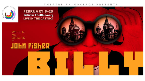 A non-binary spy, smirking, looks through binoculars at the towers of St. Basil's Cathedral.
