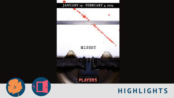 A typewriter with a page of blood-spattered paper inserted. The single word "MISERY" is centered on the paper; the dates "Jan