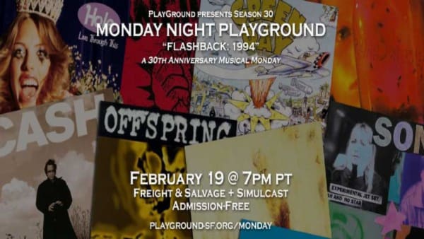 The background is a collage of popular music albums released in 1994 with white text overlay announcing the title of the show