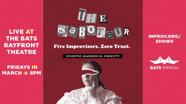 On left side "Live at the bATS Bayfront Theatre Fridays in March @ 8pm" centered on pink background. Center on dark red backg
