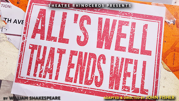 "ALL'S WELL THAT ENDS WELL" in bright red lettering on a street sign.