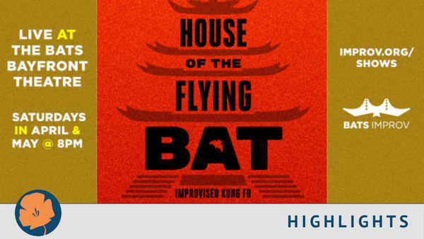 "Live at the bATS Bayfront Theatre Saturdays in May @ 8pm" centered on gold background. Center house of the Flying BAT