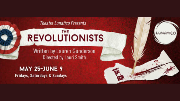 On a scrolled piece of vintage paper, we see THE REVOLUTIONISTS in blood red. The rest of the image has a red background. Ben