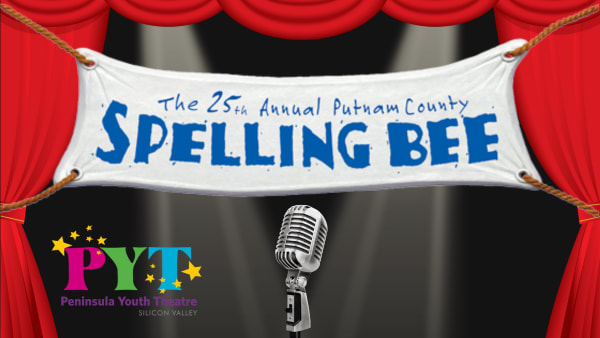 "The 25th Annual Putnam County Spelling Bee" printed on a white banner with blue lettering, hanging in front of a stage with