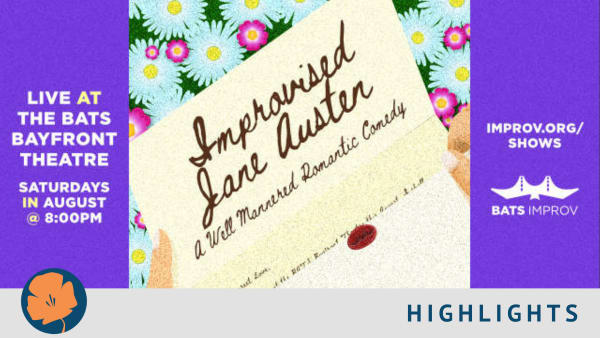 left side on purple background in white lettering "live at the bats bayfront theatre, saturdays in august at 8pm. Center grap