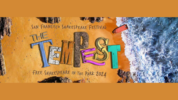 Stylized letters spelling The Tempest agains an aerial view of a sea shore