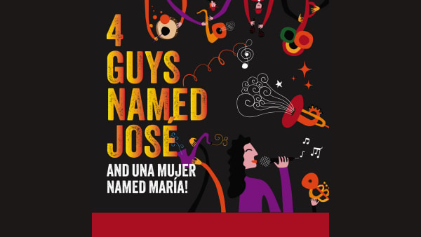 Image of a woman with black hair singing and 4 guys playing instruments