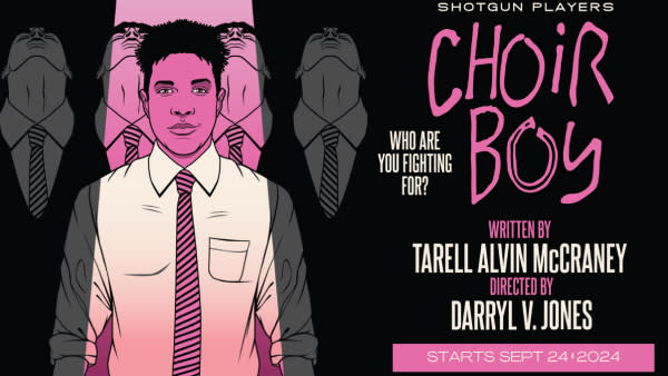 4 Black boys stand in a choir lifting their heads up. One Black boy in a tie stands in front of them with a pink halo over hi