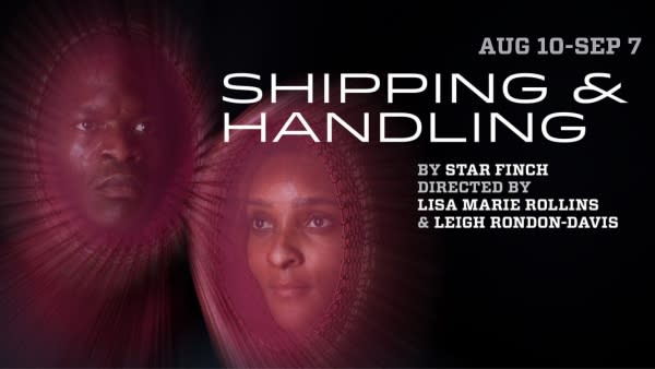 Shipping & Handling by Star Finch a poster of a black woman and a black man with purple sunburst