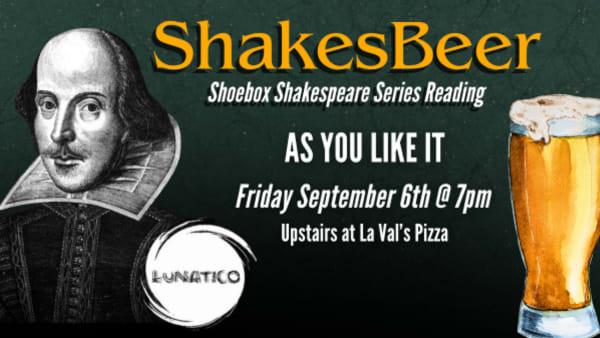 Image shows classic portrait of shakespeare and a frothy beer on textured, shadowed green background