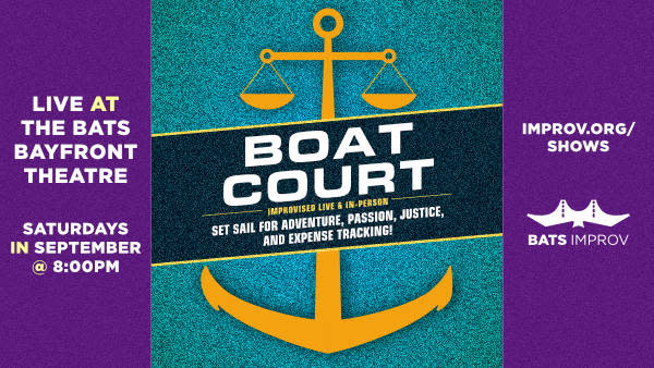 On left side "Live at the BATS BAYFRONT THEATRE SATURDAYS IN SEPTEMBER @ 8PM" centered on purple background. Center on texure