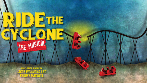 Graphic for the musical (show) 'Ride the Cyclone' with graphic of broken roller coaster structure with empty red roller coast