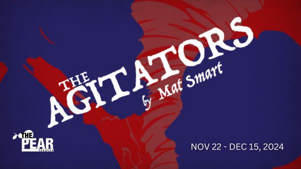 Silhouette of Frederick Douglass and Susan B. Anthony with the title 'The Agitators by Mat Smart' in the center. Show run dat