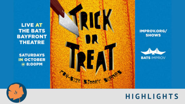 On left side "Live at the BATS BAYFRONT THEATRE SATURDAYS IN OCTOBER @ 8PM" centered on blue background. Center on orange pum