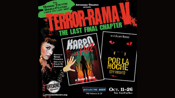 Sindie Chopper displays the show posters of "Por La Noche" and "Karen vs. Hell"