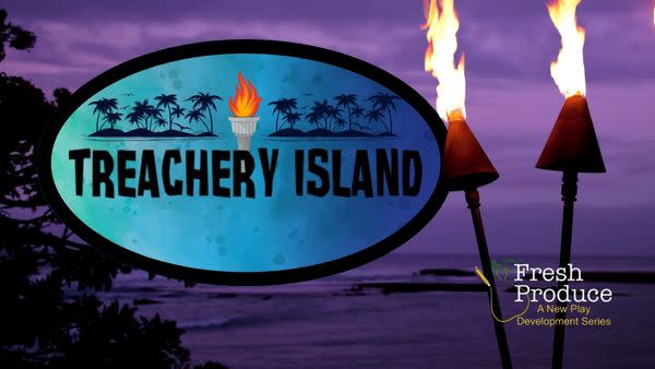 Logo resembling reality show "Survivor" with tiki torches adjacent flaming brightly.