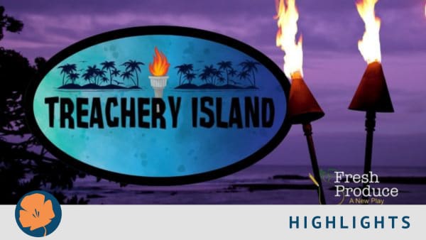 Logo resembling reality show "Survivor" with tiki torches adjacent flaming brightly.