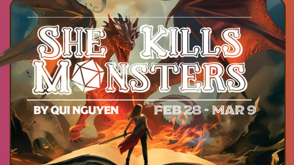 A person with long hair and a sword in hand stands on a large open book in front of a snarling dragon.