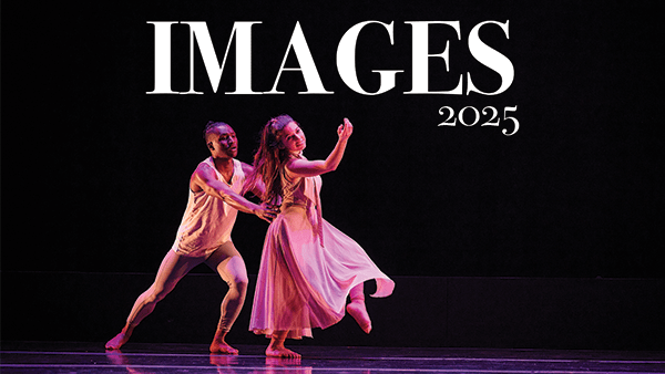 A dancer reaches to the rights while another dance steadies her.