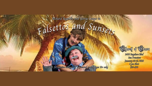 Two performers embracing each other happily in drag as old men against a background of a tropical sunset.