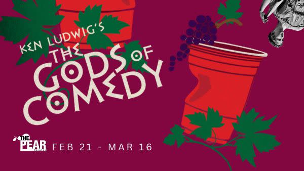 Plastic dented red cup with grapes and green leaves juxtaposed with title Ken Ludwig's The Gods of Comedy and a Greek statue