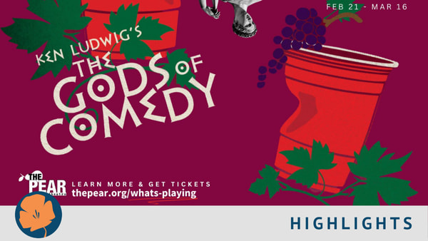 Plastic dented red cup with grapes and green leaves juxtaposed with title Ken Ludwig's The Gods of Comedy and a Greek statue