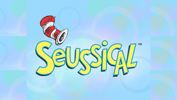 Seussical in yellow text in front of a light blue background with a red and white hat
