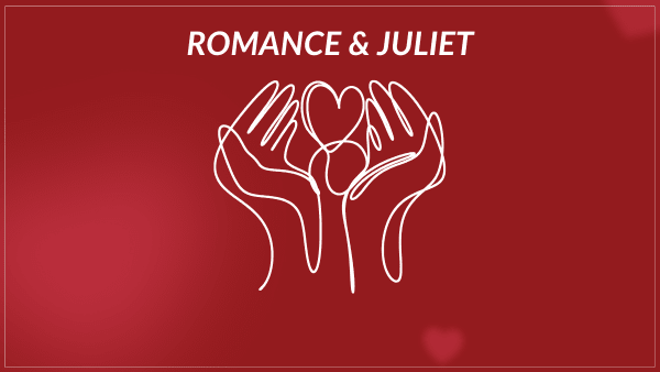 Title of play "Romance and Juliet" written across red background with hearts.