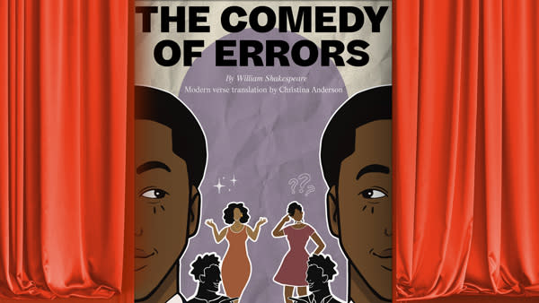 An illustrated image showing a close-up of two Black men's faces smiling at each other, with two confused women in the backgr