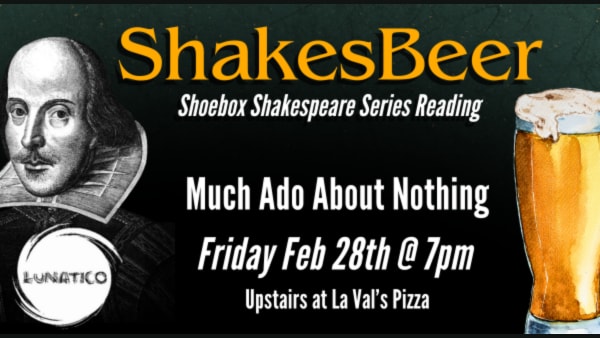 Classic illustration of Shakespeare on a green background, plus a foamy golden pint of beer