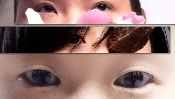 Three pairs of eyes, faces partially obstructed.