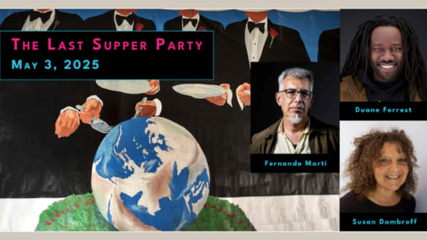 A group of faceless men in tuxedos appear ready to carve into the earth as if to eat of it; superimposed over the painting ar