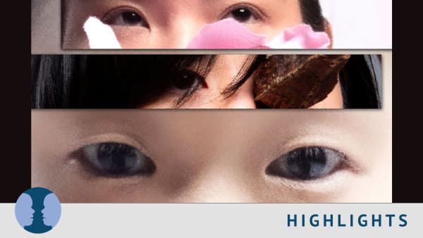 Three pairs of eyes, faces partially obstructed.