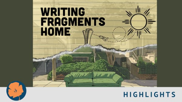 Title of show set against a green couch sitting on a cartoon street, with lined paper a sketch of a sun, plane, and the air t