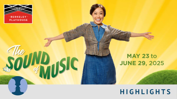 yellow background are green hills below and sun rays peeking out from them. Actor stands in the middle with her arms out