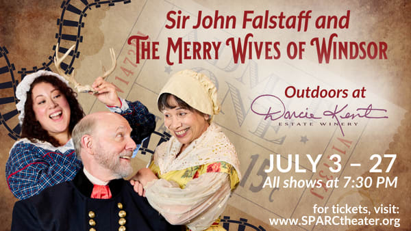 A western/railroad themed banner advertising SPARC's production of the Merry Wives of Windsor. Two women laugh at a man (Fals
