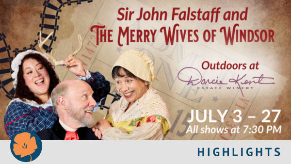 A western/railroad themed banner advertising SPARC's production of the Merry Wives of Windsor. Two women laugh at a man (Fals