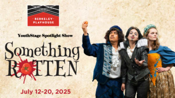 The words SOMETHING ROTTEN are written in large letters on the left, with a tomato splat for the O in Rotten. On the right ar