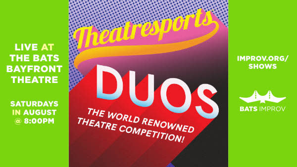 On left side "Live at the BATS BAYFRONT THEATRE SATURDAYS IN AUGUST @ 8PM" centered on lime green background. Center on dotte