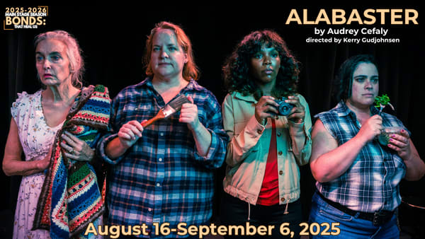 4 women standing in a line looking out in front of black backdrop. Show title in right top corner, date bottom center, and se