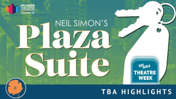 Promotional graphic for Hillbarn Theatre's production of Neil Simon's Plaza Suite. The background features a stylized green a
