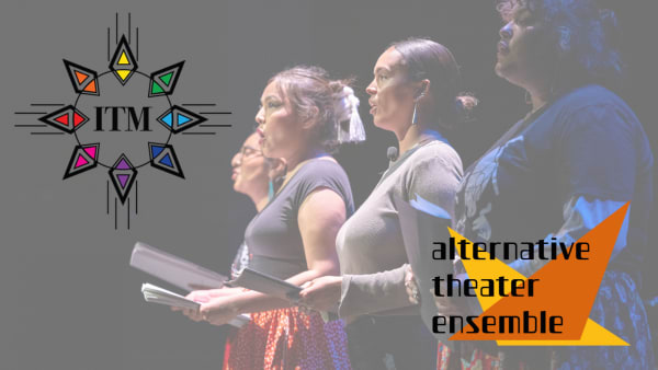 Four Native actors hold scripts while performing on stage, with In the Margin and Alternative Theater Ensemble logos to the l