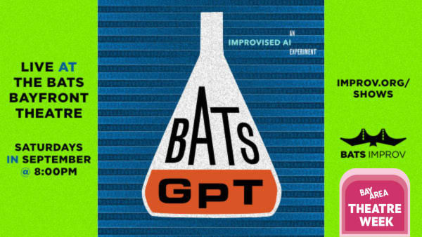 On left side "Live at the BATS BAYFRONT THEATRE SATURDAYS IN SATURDAYS @ 8PM" centered on lime green background. Center on bl