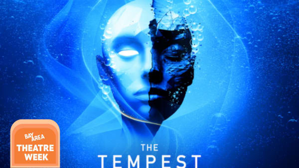 This bright blue graphic features a face half masked, under water, surrounded by swirling bubbles and waves.