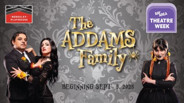 On top of a grey and white patterned wallpaper-like background are the words The ADDAMS Family in a crooked gold typeface wit