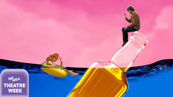 A large bottle of liquor floats in blue water against a pink sky, with a young man sitting atop the bottle, smiling and wavin