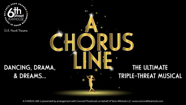 Golden shimmering letters spell out A Chorus Line above a golden silhouette of a dancer in a puddle of light on stage.