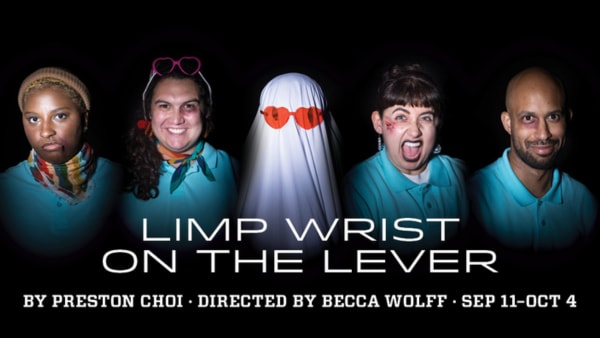 Four people in blue polos look at the camera with different expressions, with a sheet-covered figure wearing red heart sungla